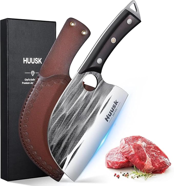 Huusk Upgraded Serbian Chef Knife - Forged Butcher Knife with Sheath, Japanese Meat Cleaver for Meat Cutting Heavy Duty Chopping Knives for Outdoor Cooking, Camping, Gifts for Men and Women