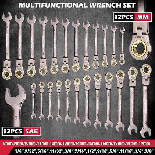 Premium 24-Piece Flex-Head Ratchet Wrenches Set with Magnetic Organizers, Metric SAE 8-19mm 1/4"-7/8", Cr-V Ratcheting Wrenches with 72 Teeth 180째 Flex Head, Ratchet Combination Wrench Set for Repair