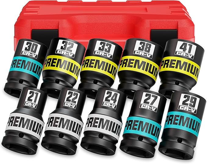 10 Piece 1" Drive Impact Socket Set, Metric Axle Nut Sockets, 21-41mm Thicker Jumbo Sockets, Socket Set, 6 Point, Cr-V, Vehicle and Apparatus Maintenance