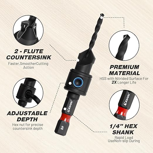 EZARC Countersink Drill Bit Set, 22 PCS Counter Sink Drill Bit with 2 Wood Plug Cutters, Magnetic Extension Bit Holder, Screwdriver Bits, 1/4" Hex Shank for Woodworking with Storage Box