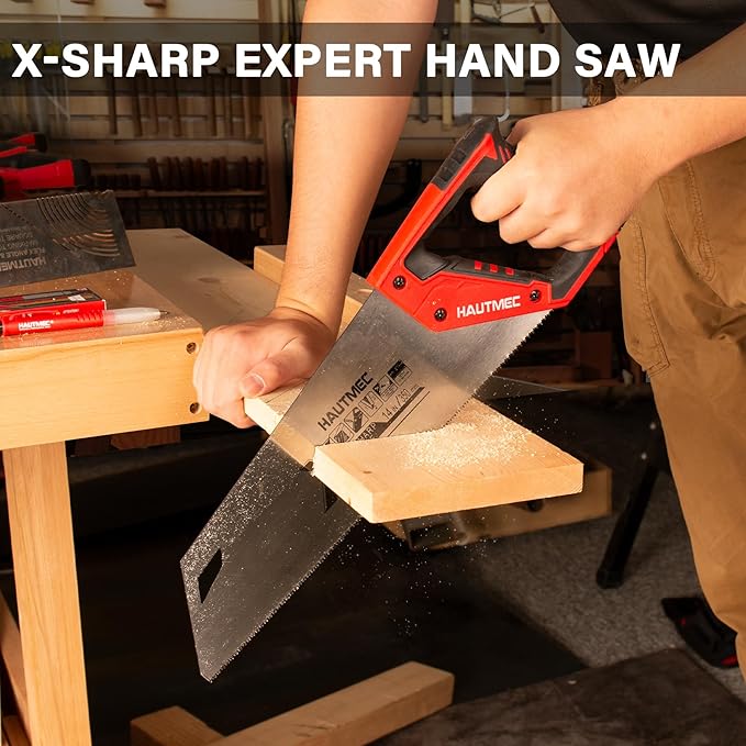 HAUTMEC 14" X-Sharp Compact Hand Saw for Cuts Comfort, Quality and Accuracy, Fine-Cut Handsaw with 12 TPI Triple-Ground Teeth and 1mm Thickened Large Blade, Bi-Material Ergonomic Handle – HT0295