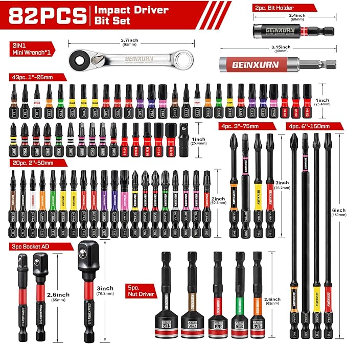82Pieces Impact Screwdriver Bits Set, Magnetic S2 Steel Phillips/Square/Torx/Hex Insert Power Bits Tips with Impact Bit Holder and Impact Nut Driver and Mini Wrench