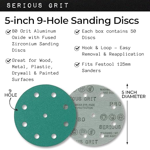Serious Grit 5-Inch 9-Hole 80 Grit Sanding Discs - Heavy-Duty Hook & Loop Film Discs - Sandpaper for Random Orbital Sanders - 50 Pack Box