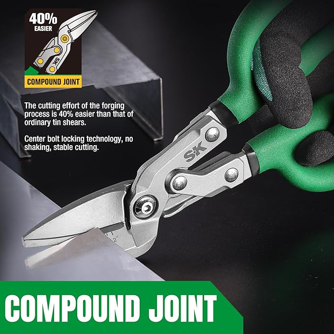 SK 10" Bent Compound Action Tin Snips, Metal Shears with Drop Forged Blades, Heavy Duty Metal Cutter Scissors, Ergonomic Handle for Comfortable Grip