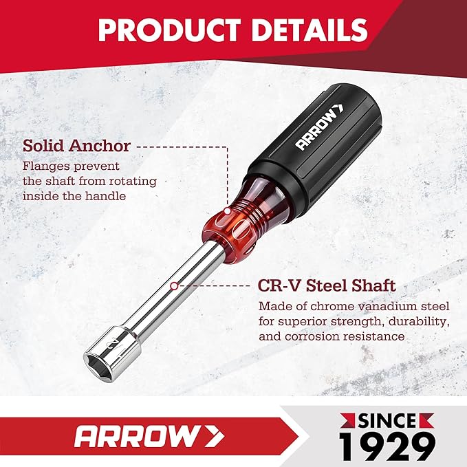 ARROW Nut Driver Set, 7 PCS SAE Nut Drivers with Non-Slip Grip, Cr-V Steel, 1-Inch Hollow Shaft, Hex Sizes 3/16, 1/4, 5/16, 11/32, 3/8, 7/16, 1/2-Inch, Easy for Tightening and Unscrewing
