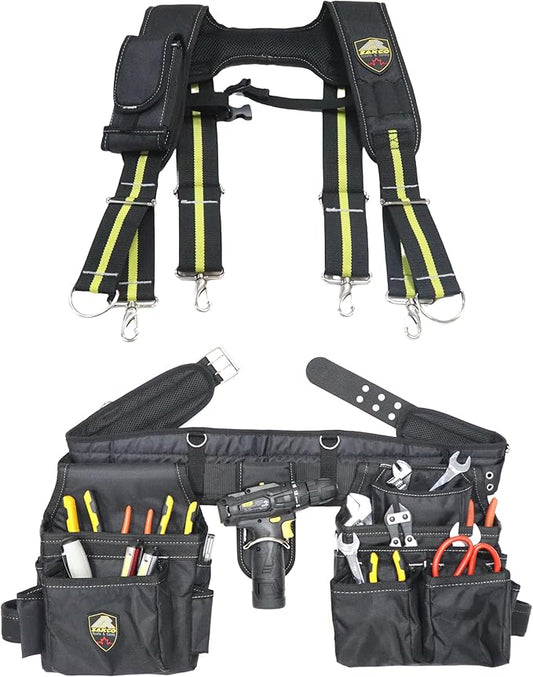 ZAKCO Professional 1680D Polyester Tool Belt with Suspender, Strudy Tool Belt for Carpenters, Framers, Electricians, Plumbers, Hanyman & DIY (Black, Full Size)