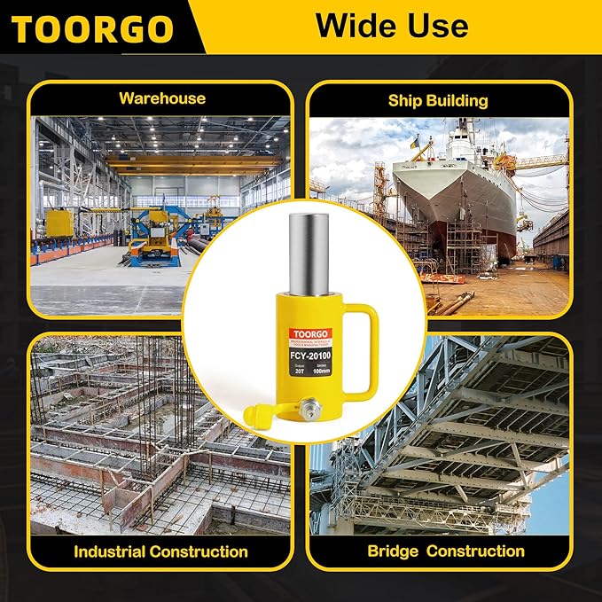 20T 4Inch Stroke Porta Power Single Acting Lifting Cylinder for Shipbuilding, Machinery and Industry,Automatically Retract Split Hydraulic Cylinders Jacks, Yellow
