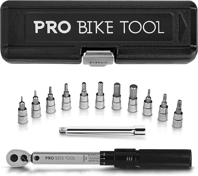 PRO BIKE TOOL 1/4 Inch Drive Click Bicycle Torque Wrench Set ??2 to 20 Nm ??Maintenance Kit for Road and Mountain Bikes - Includes Allen and Torx Screws, Extension Bar and Storage Box - ISO Certified