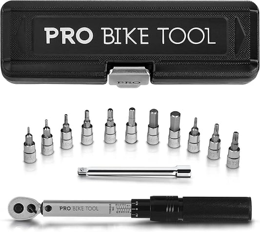 PRO BIKE TOOL 1/4 Inch Drive Click Bicycle Torque Wrench Set ??2 to 20 Nm ??Maintenance Kit for Road and Mountain Bikes - Includes Allen and Torx Screws, Extension Bar and Storage Box - ISO Certified