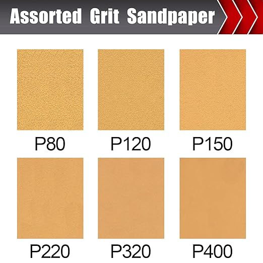 50 Pcs Premium Sand Paper, 1/4 Sand Paper Sheet Hook and Loop Backing 80/120/150/220/320/400 Grit Sandpaper Assortment Sandpaper for Wood Metal Automotive Palm Sanders 5.5" x 4.5"