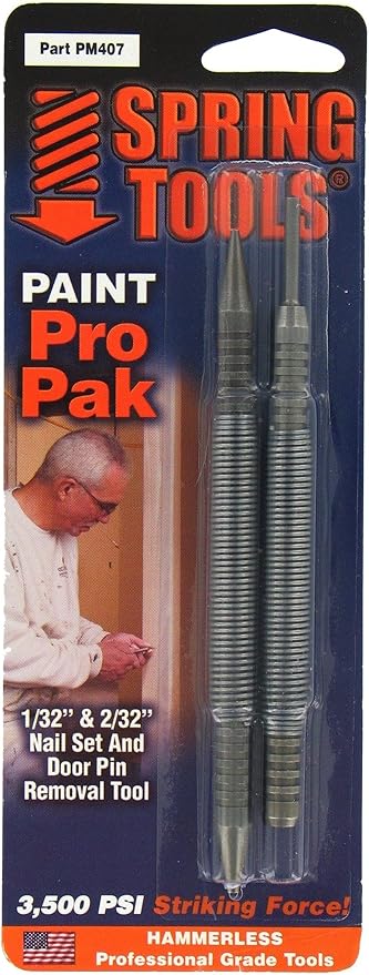 Spring Tools PM407 Professional Door Hinge Pin Remover & Nail Set Tool - Hammerless Door Pin Removal - Dual Nail Set for Trim Work - Spring Powered Nail Setter - Painter & Carpenter Essential Tool
