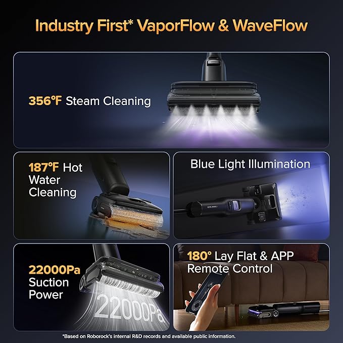 roborock F25 Ultra Steam Wet Dry Vacuum Cleaner, 356째F Steam Mop & 187째F Hot Water Cordless Vacuum Mop All in One, Floor Washer with Blue Light, 194째F Self-Cleaning, 180째 Lay-Flat, AI Assitant Wheels