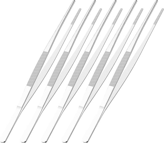 5 PCS 10 Inch Stainless Steel Tweezers, with Straight Round Blunt Serrated Tip, 1/16 Inch Thickness Stainless Steel, Multipurpose Daily Garden Home Lab Craft Repairing Tool