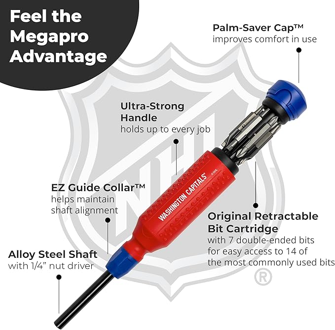MEGAPRO짰 NHL짰 Team Edition Multi-bit Screwdriver | Officially Licensed NHL짰 Gear | Durable, Ergonomic, Pro-Grade Screwdriver (Washington Capitals짰)