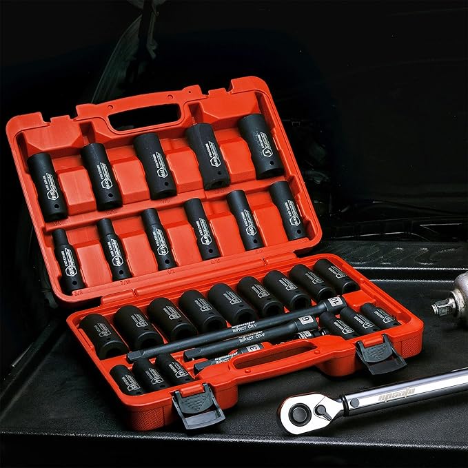 EPAuto 1/2-Inch Drive SAE (3/8-1 inch) | Metric (10-24 mm) Deep Impact Socket Set | Extension Bar | Universal Joint, Cr-V, 6 Points, 30 Pieces