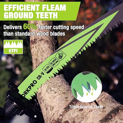 WORKPRO 15" Japanese Teeth Wood Pruning Reciprocating Saw Blades Set, Arc Cutting Edge 6TPI Pruning Saw Blades for Tree Pruning, Wood Cutting, Durable & Sharp, 3 Pack