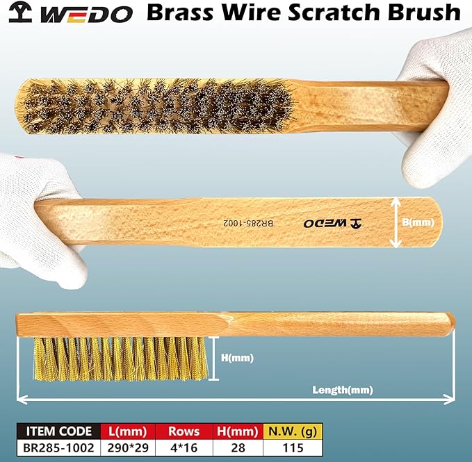 WEDO Wire Brush Set,2pcs 11" Brass Scratch Brush Set for Paint Removal,Cleaning Rust,Welding Slag,Grill Cleaning,Brass Bristle With Wooden Handle