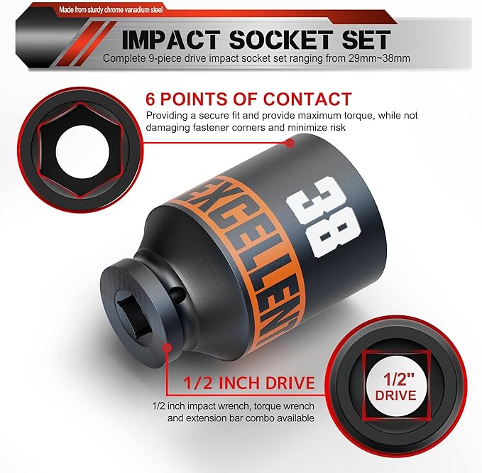 9 Piece 1/2-Inch Drive Impact Socket Set, 29-38mm Alxe Nut Sockets, 6 Point Metric Sockets for Automotive Repair, Equipment Maintenance