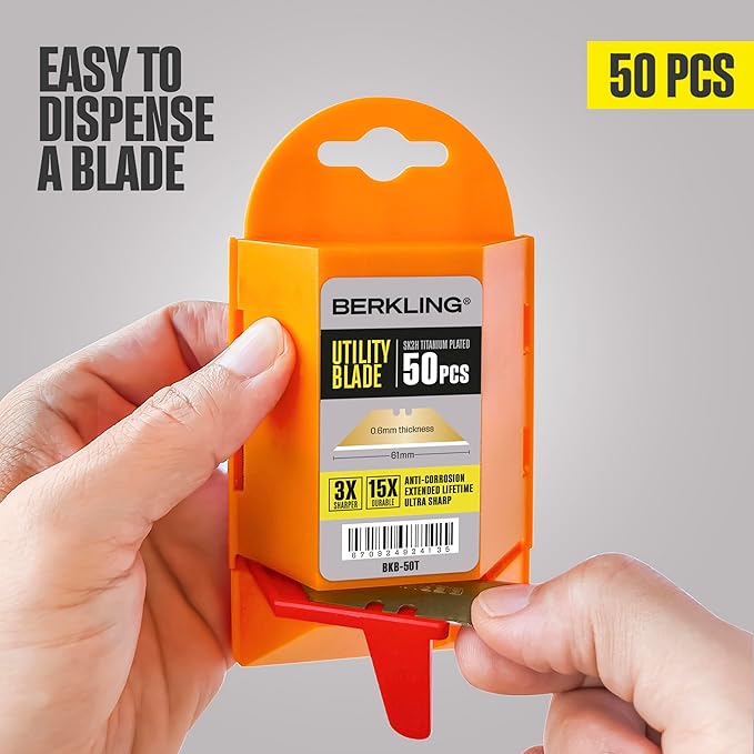 Utility Knife Blades Titanium Plated 50 PCS With Dispenser, SK2H Laser Sharpened Hardened, Ultra 3X Sharper and 15X More Durable, Standard T-Shape Replacement Box Cutter Razor Blades
