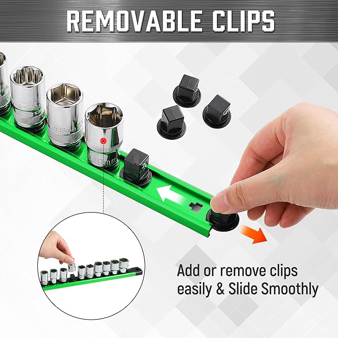 ALOANES 3-Piece Magnetic Socket Organizer, Heavy Duty Aluminum Socket Rails Organizer, 360째 Swivel Clips Socket Rail Set For Sockets Storage, 3/8-Inch Socket Holder x 42 Clips (Green)