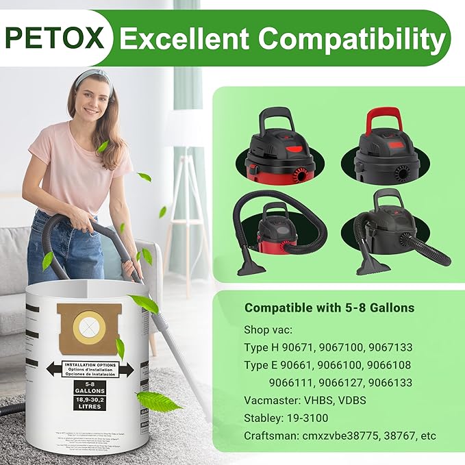 3 Pack Replacement for Shop Vac Bags 5-8 Gallon竊똖ype E 90661 9066133, Type H 90671 9067133, VF2004, VHBS, VDBS, PETOX High-Efficiency Disposable Vaccum Collection Filter Bags