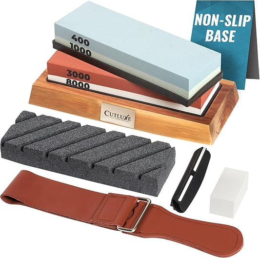 Cutluxe Whetstone Knife Sharpener ??Sharpening Stone Kit, Professional 4 Side Grit 400/1000/3000/8000, Non Slip Acacia Wood Base, Angle Guide, Black Flattening Stone, Leather Strop