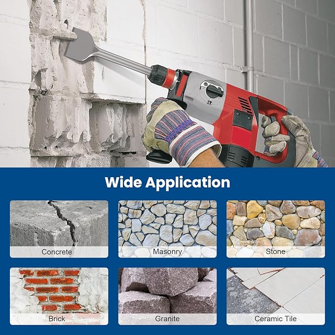 TOOVEM Hex Shank Masonry Chisel, 4 Inch Wide Alloy Steel Demolition Jack Hammer Thinset Scraper Adhesives Remover, Concrete Scraping Chisel Bits for Demolition Concrete Breaker