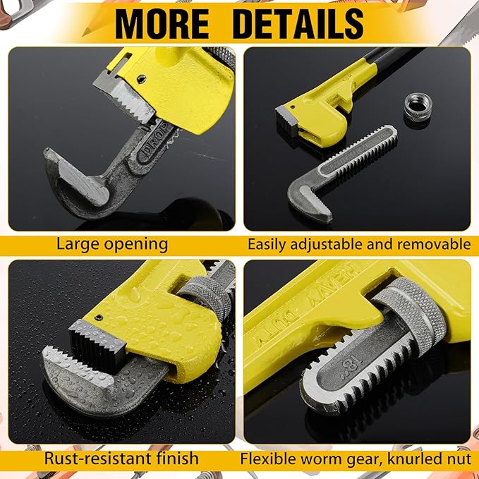 Lanties 6 Piece Heavy Duty Pipe Wrench Set - 8", 10", 12", 14", 18", 24", Adjustable Chrome Vanadium Steel Plumbing Wrench Set with Soft Handle & Gloves for Plumbers, Pipeline, Auto Repair (Yellow)