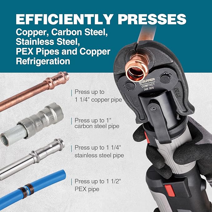 ZUPPER Compact Pro Press Tool kit with 1/2", 3/4", 1" Copper Pro Press Jaws, 2pcs Battery, Fast Charger & Carrying Case