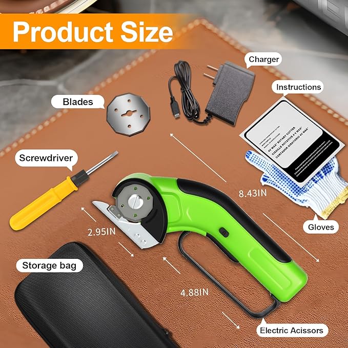 Cordless Electric Scissors Rechargeable with 2-Blade & Storage Bag, Powerful Rotary Cardboard Box Cutter 3.7V 2000mAh for Cloth Carpet Plastic Leather, Charging Cable(Green)