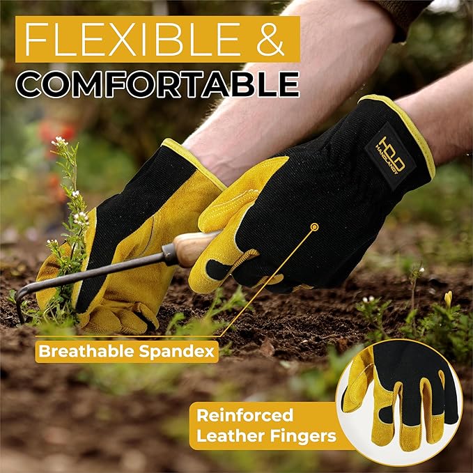 HANDLANDY Men Leather Gardening Gloves, Utility Work Gloves for Mechanics, Construction, Driver