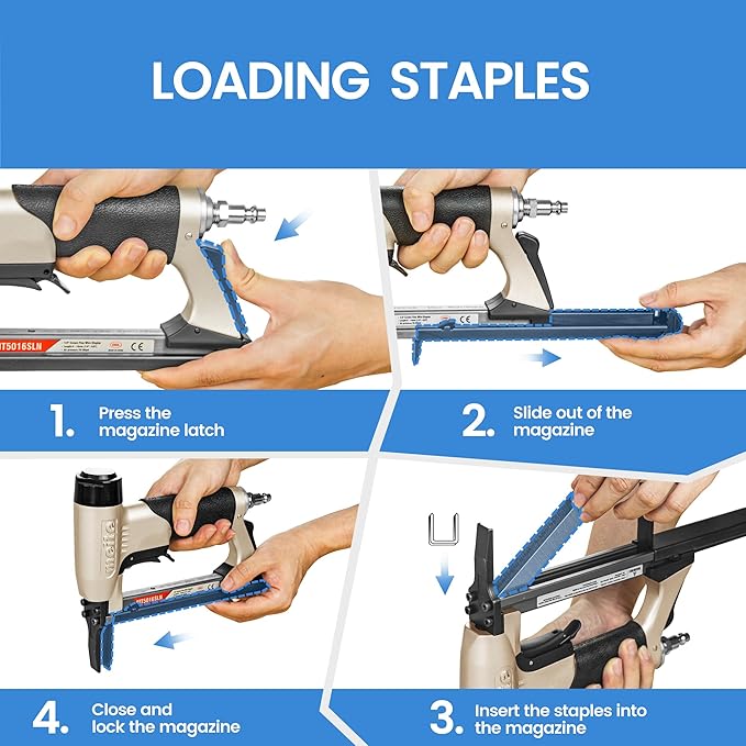 meite Upholstery Staple Gun with Extended Nose &Safety Trigger for 20 Gauge 1/2-Inch Crown Staples, Heavy-Duty Pneumatic Stapler for Woodworking and Decoration DIY Projects (Model MT5016SLN)