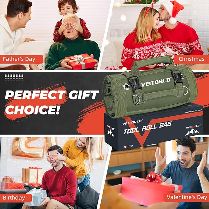 Roll Up Tool Bag, Gifts for Him Men Dad Husband Boyfriend Valentines Day, Portable Tools Storage for Men, Heavy Duty Tool Organizer W/Detachable Pouches for Electrician Mechanic Carpenter
