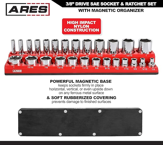 ARES 47007-28-Piece 3/8-inch Drive SAE Socket and 90-Tooth Ratchet Set with Magnetic Organizer - Sizes 1/4-Inch to 1-Inch Shallow and Deep Sockets