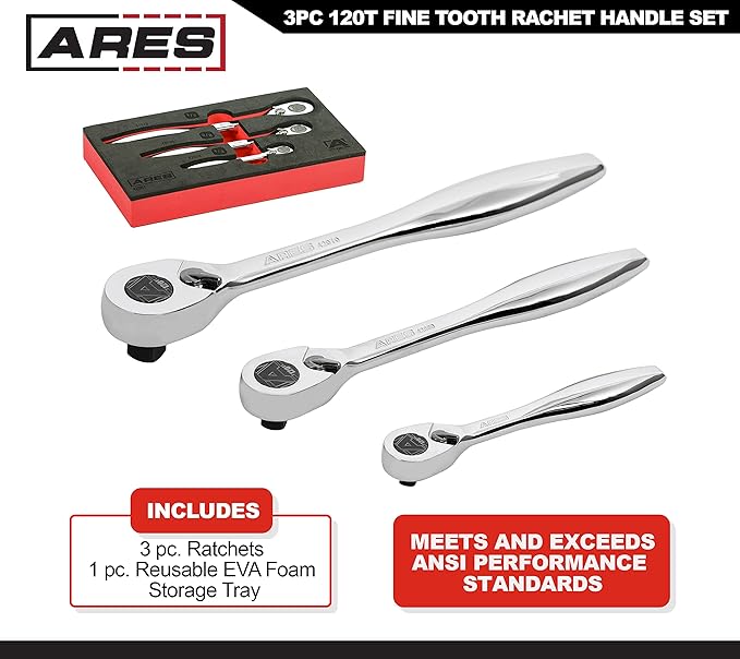 ARES 42067 ??120 Tooth Ratchet Set ??1/4-Inch, 3/8-Inch, and 1/2-Inch Drive - 3 Degree Swing Arc ??Reversible Ratcheting Mechanism - Ergonomic Handle and Professional Gear Structure