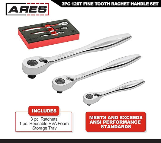 ARES 42067 ??120 Tooth Ratchet Set ??1/4-Inch, 3/8-Inch, and 1/2-Inch Drive - 3 Degree Swing Arc ??Reversible Ratcheting Mechanism - Ergonomic Handle and Professional Gear Structure