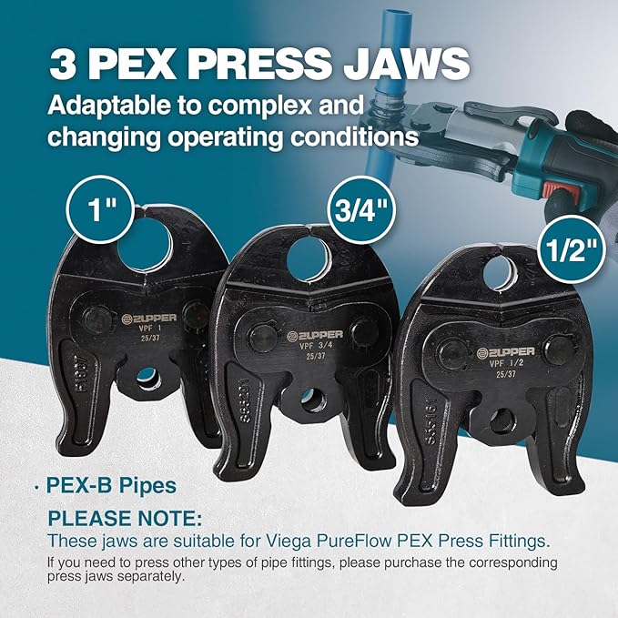 ZUPPER Mini Press Tool kit with 3 Jaws Suitable for PureFlow press fittings 1/2", 3/4", 1", Brushless Motor, 2pcs Battery, Fast Charger & Carrying Case
