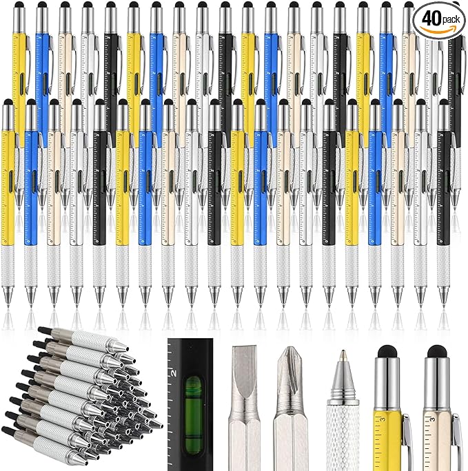 Yeaqee 40 Pcs Stocking Stuffers Bulk Gifts for Men 6 in 1 Party Favor Father's Christmas White Elephant Gifts Multi Tool Pens with Ruler, Level Gauge for Adult (Classic Color)