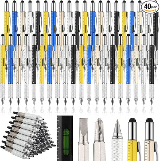 Yeaqee 40 Pcs Stocking Stuffers Bulk Gifts for Men 6 in 1 Party Favor Father's Christmas White Elephant Gifts Multi Tool Pens with Ruler, Level Gauge for Adult (Classic Color)