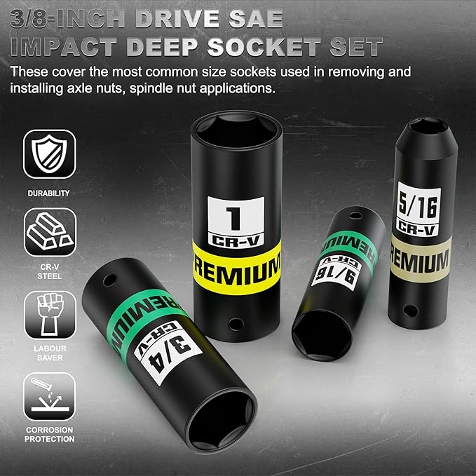 12-Piece 3/8-Inch Drive SAE Impact Deep Socket Set, 5/16 to 1 inch, CR-V, 6 Point, Heavy-Duty Sockets for Impact Wrenches, Automotive and Home