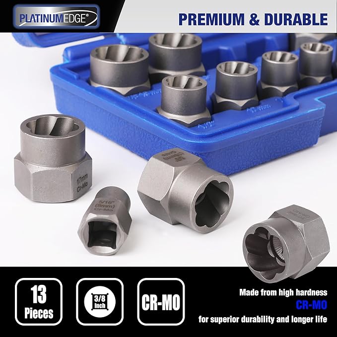 PLATINUMEDGE 13 Pieces Impact Bolt & Nut Remover Set, Stripped Bolt Extractor Set, Cr-Mo Extraction Tool Set with Solid Storage Case, Easy Out Rusted Rounded Damaged Nuts and Bolts