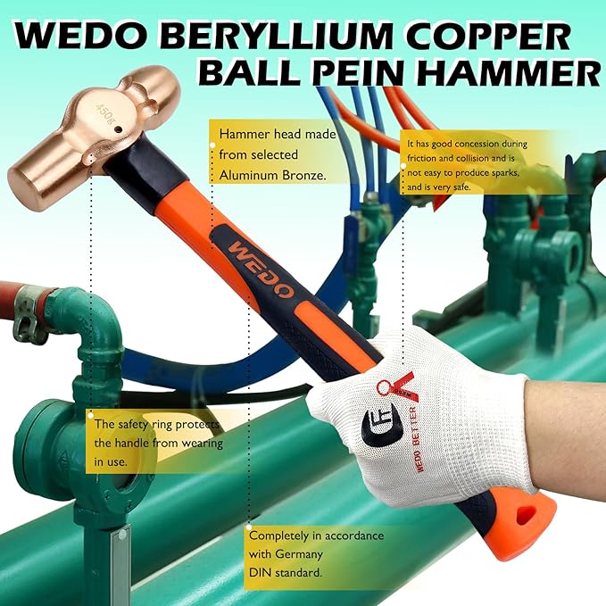 WEDO Non-Sparking Ball Peen Hammer 1-1/2 lb Head, Spark-free Safety Ball Pein Hammer, Non-Magnetic, DIN Standard, BAM & FM Certificate, Beryllium Copper, 13" Length