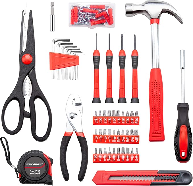 CARTMAN 126-Piece Home Tool Set Kit, Basic Household Hand Tools with Storage Case Red