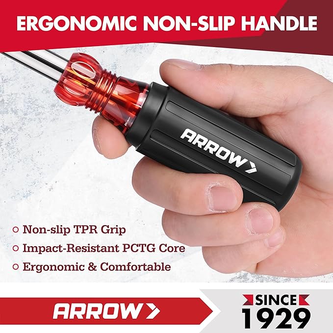ARROW Nut Driver Set, 7 PCS SAE Nut Drivers with Non-Slip Grip, Cr-V Steel, 1-Inch Hollow Shaft, Hex Sizes 3/16, 1/4, 5/16, 11/32, 3/8, 7/16, 1/2-Inch, Easy for Tightening and Unscrewing