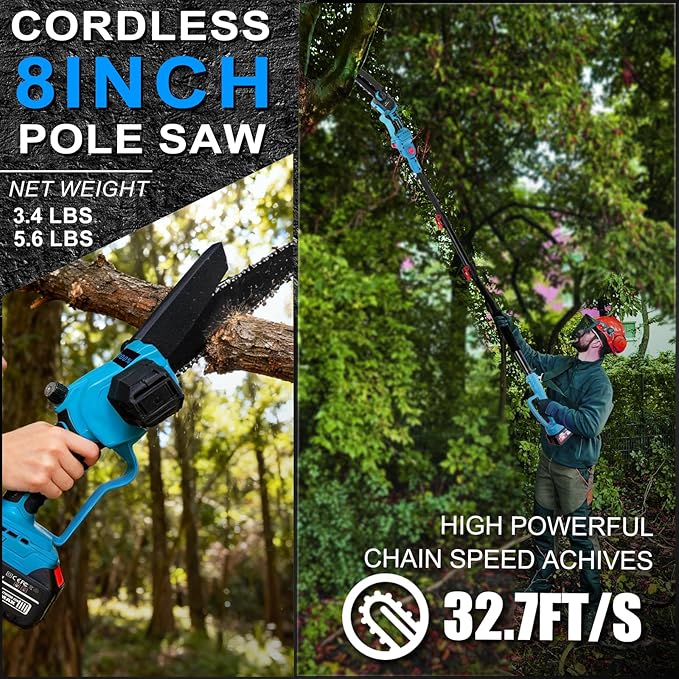 4-in-1 Electric Pole Saws Cordless 8 Inch & Electric Pruning Shears for Tree Trimming with 16FT Extension Pole & 2횞4.0Ah Battery Powered, Brushless Tree Trimmer Pole Saw Limb Branch Cutter Tree Pruner