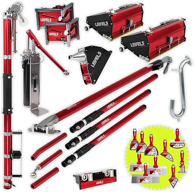 Full Taping/Finishing Set, High Capacity Boxes + Ext. Handles - LEVEL5 | Auto Taper, 10??12" MEGA Boxes, 3??3.5??Angle Heads, 8??Corner Applicator, Corner Roller, Ext Handles, Pump, Gooseneck | 4-625