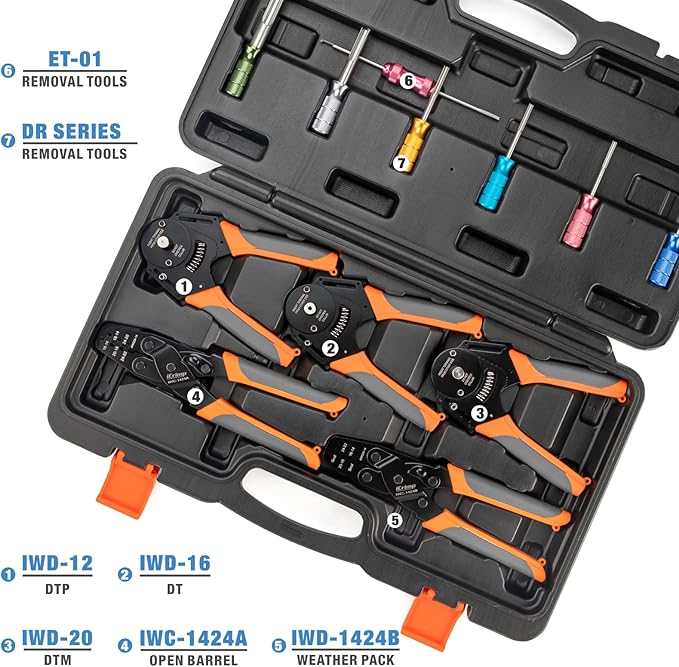 iCrimp Deutsch Terminal Crimp Tool Kit, Close Barrel and Open Barrel Crimper, Deutsch Removal Extraction Tool for Deutsch DT Connectors, Solid & Stamped Contacts, Delphi Weather Pack Terminals-12PCS