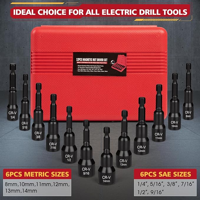 12-Piece Magnetic Nut Driver Set, Premium CR-V Steel Impact Power Hex Nut Driver Drill Bit Master Kit with Case, SAE(1/4"-9/16") & Metric(8mm-14mm) Size, 1/4??Quick Install & Release