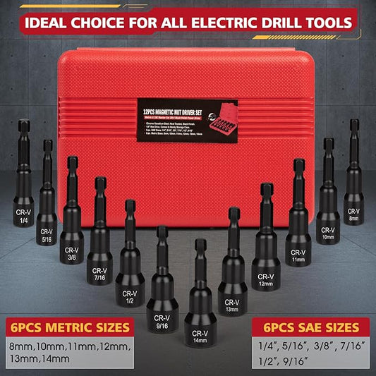 12-Piece Magnetic Nut Driver Set, Premium CR-V Steel Impact Power Hex Nut Driver Drill Bit Master Kit with Case, SAE(1/4"-9/16") & Metric(8mm-14mm) Size, 1/4??Quick Install & Release
