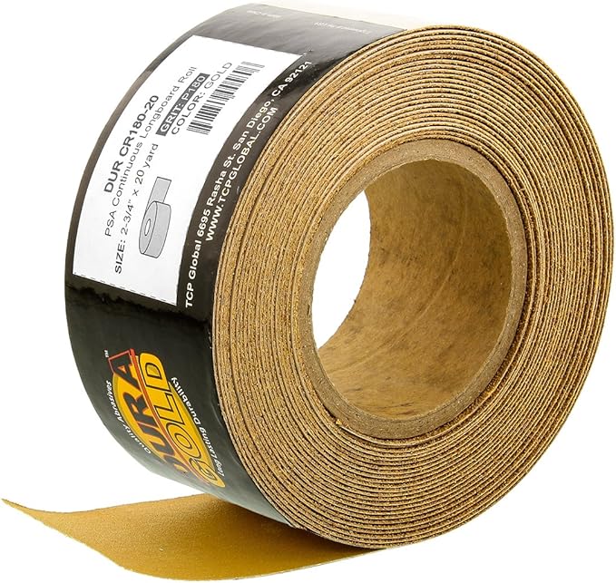 Dura-Gold Premium Gold 180 Grit PSA Longboard Sandpaper, 20 Yard Roll, 2-3/4" Wide, Self Adhesive Stickyback, Woodworking & Automotive Sandpaper Roll, Air File Sand Paper, Auto Sanding Blocks